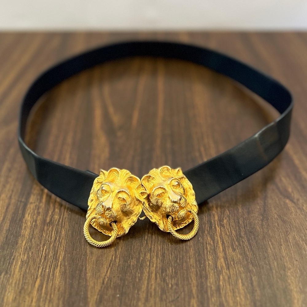 🌿SOLD🌿 Vintage 1974 Gold Brass Lion’s Head Knocker Blue Leather Waist Belt 🦁 - Picture 3 of 7